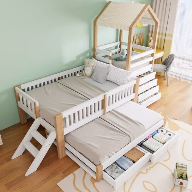 Letto a casetta per bambini con letto estraibile e cassetti