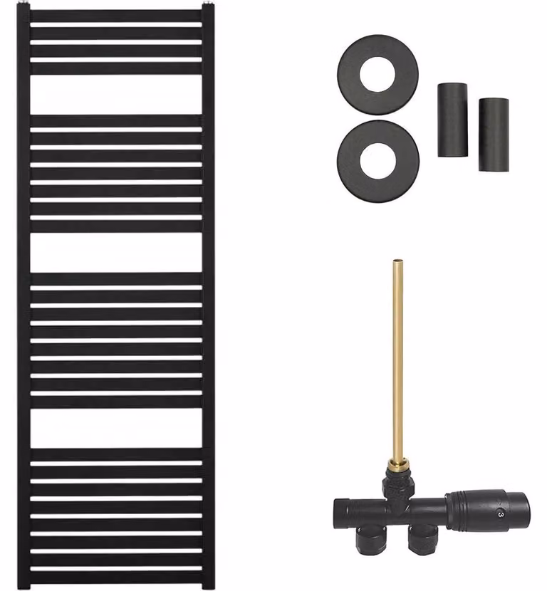 Set radiatore per bagno Vincenzo - riscaldamento centralizzato - attacco laterale a un punto - 500W - nero opaco - 1330x450 mm