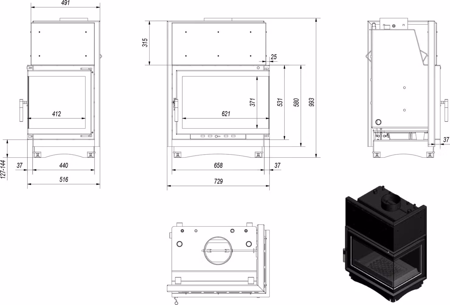 Caminetto ad angolo ad acqua KRATKI ZUZIA destro 12 kW ∅200 + accessori