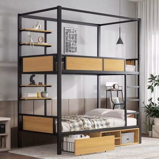 Letto a castello 90x200 cm in ferro e MDF con ripiani e cassetti; nero e naturale; per cameretta