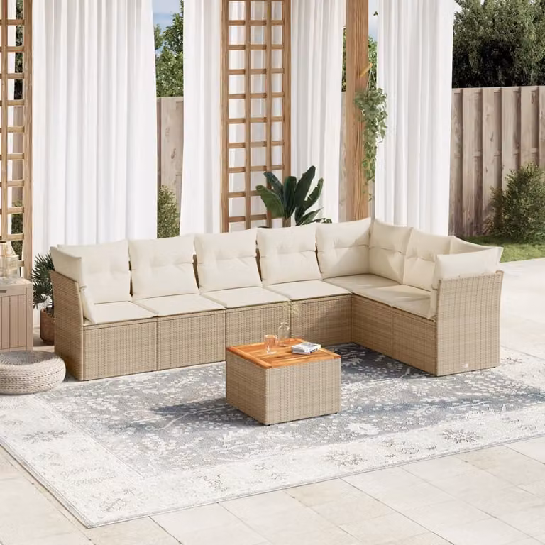 Set Divano da Giardino a L vidaXL 8 pz con Cuscini Beige e Tavolino, Struttura in Acciaio e Legno di Acacia