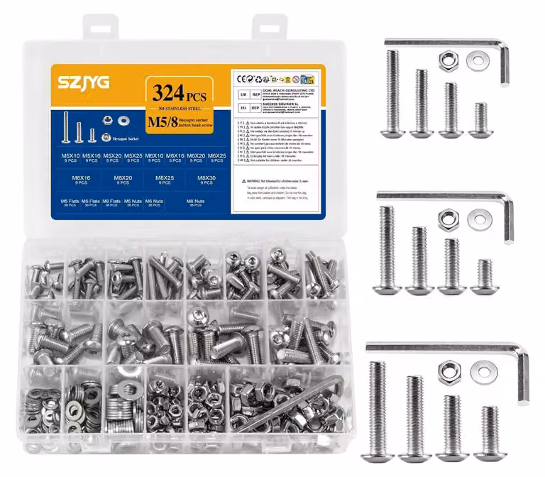 Set di viti M5, M6, M8, composto da 324 pezzi, in acciaio inossidabile, per montaggio