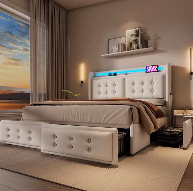 Letto imbottito 160x200 cm con LED; USB e 4 cassetti in cotone lino grigio/beige