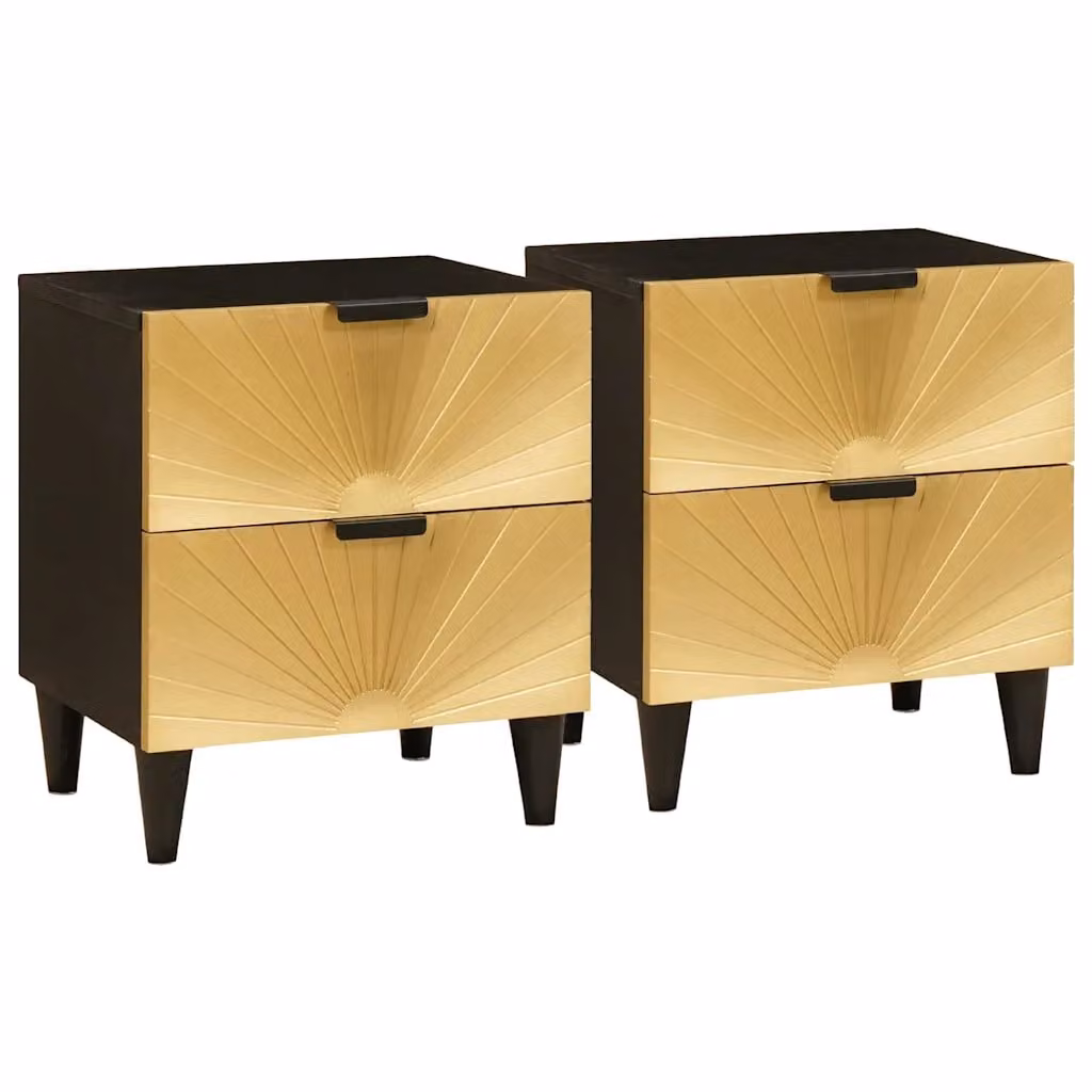 Set di 2 Armadi da Notte vidaXL in Legno di Acacia e Mango, Colore Nero e Oro, L 40 cm x P 33 cm x H 46 cm