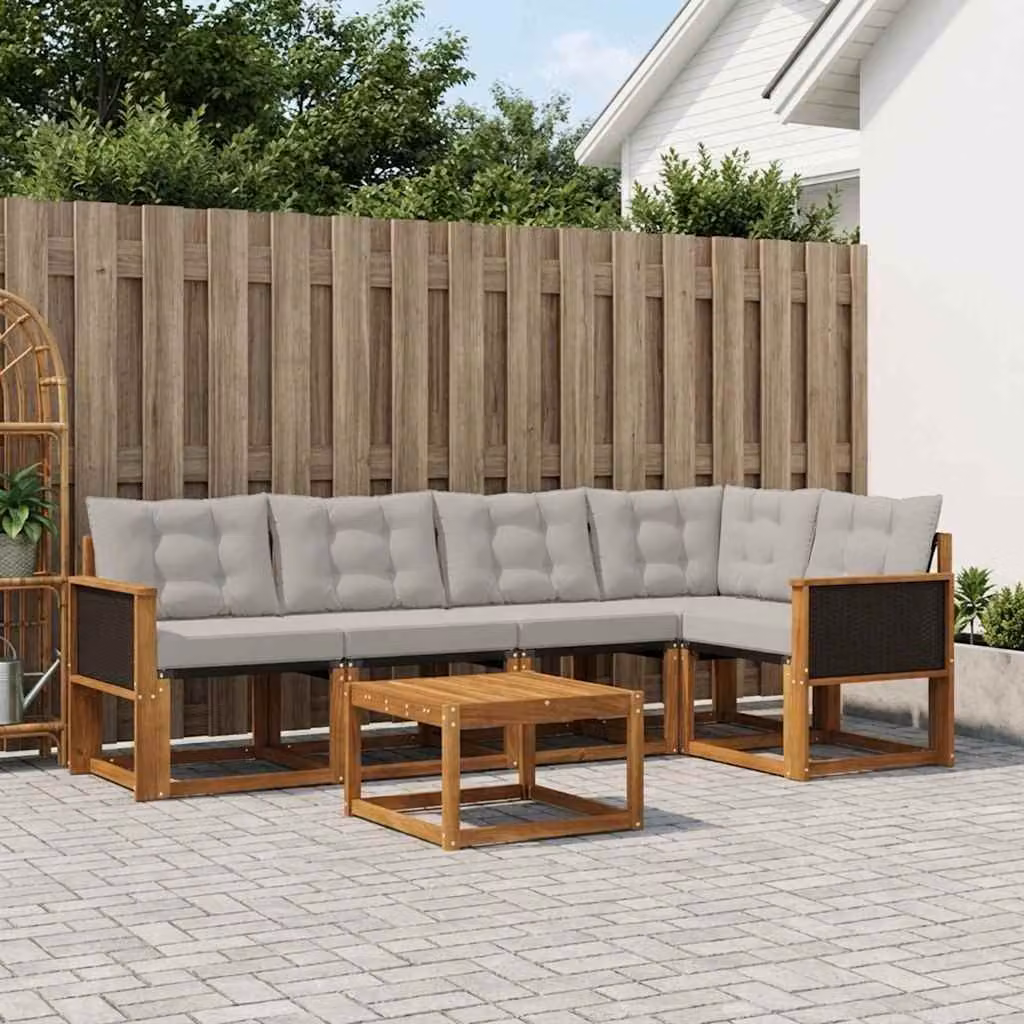 Set di divani da esterno vidaXL a forma di L con tavolo da caffè, in legno di acacia trattato e tessuto textilene, colore beige e grigio, composto da 6 pezzi