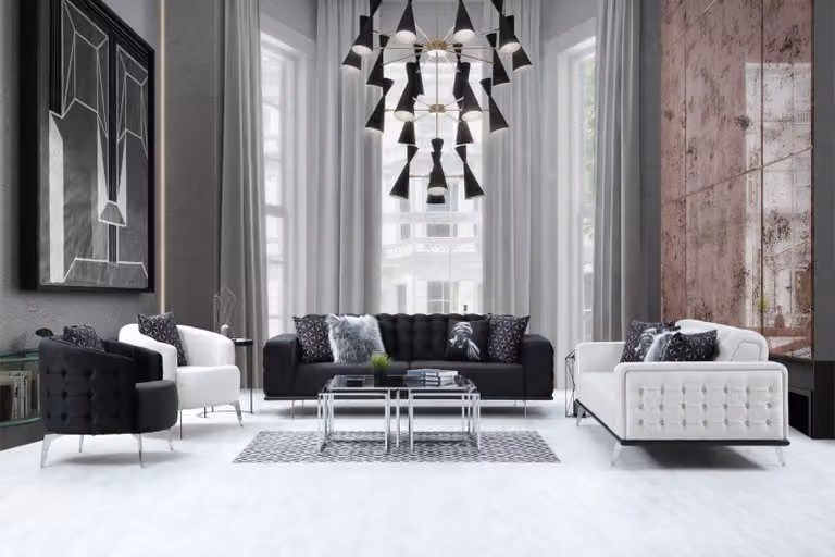 Schwarz-Weiße Chesterfield Wohnzimmer Couchgarnitur 2x Dreisitzer Sessel