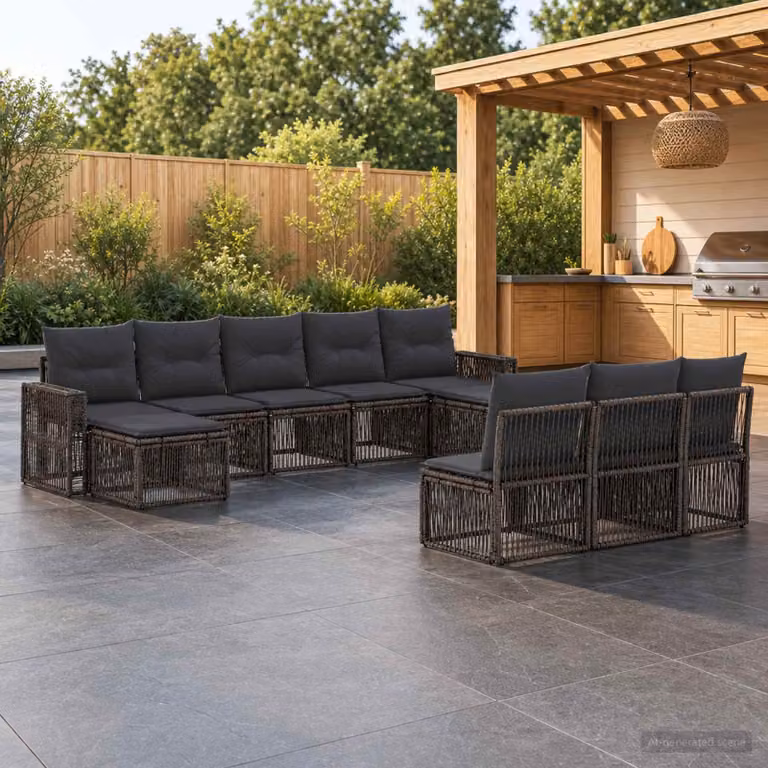 Set Divano da Giardino vidaXL 10 Pezzi a Forma di U in Polyrattan Grigio e Antracite con Cuscini Imbottiti e Struttura in Acciaio