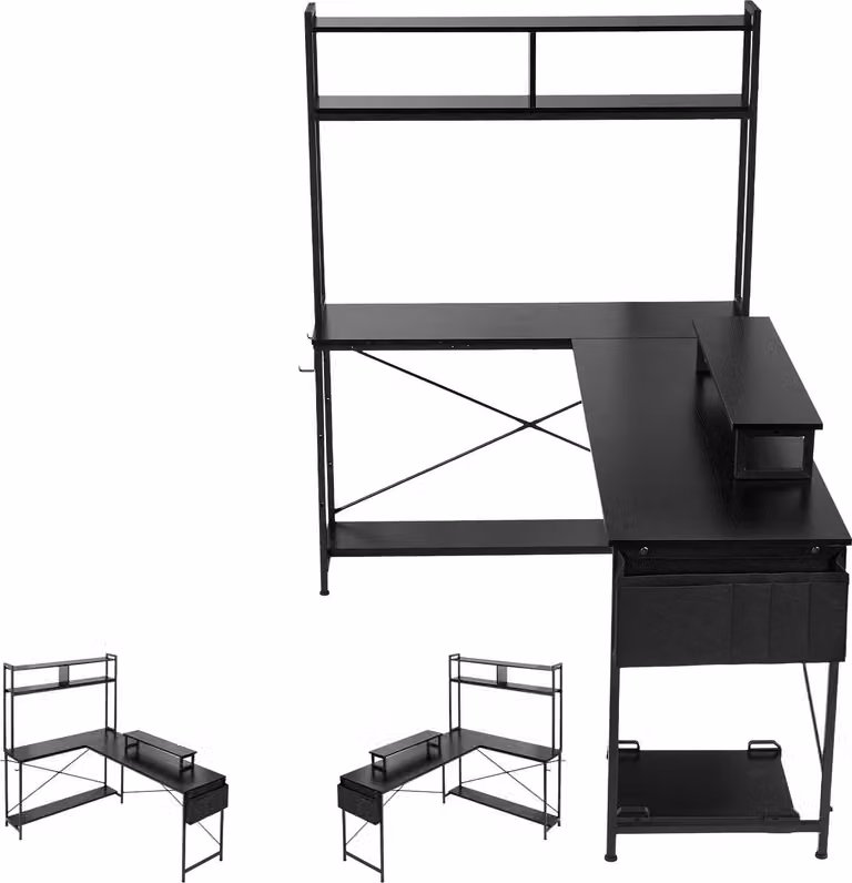 Tavolo da gioco SucceBuy a forma di L da 1,7 m con supporto per monitor e supporto scorrevole per CPU, tavolo angolare con capacità di carico di 68 kg, tavolo per computer per ufficio domestico e postazione di lavoro