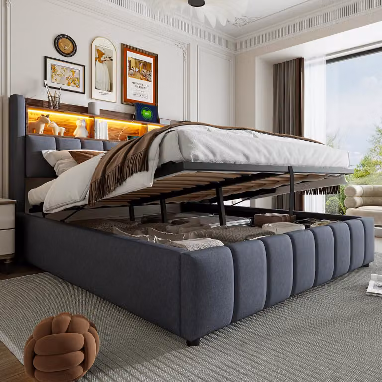 Letto imbottito STILVORA 180×200 con illuminazione a LED e presa USB, letto per ragazzi con testiera con vano contenitore e regolazione idraulica, letto matrimoniale senza materasso, tessuto di lino, grigio