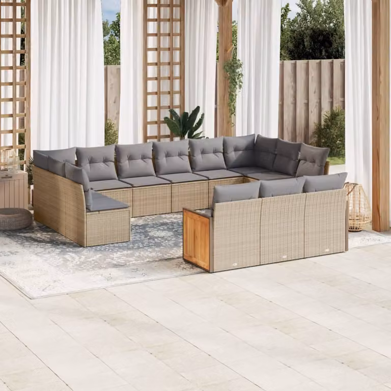 vidaXL Set Divano da Giardino a L 13 pz con Cuscini Beige e Grigio in Polyrattan e Legno di Acacia