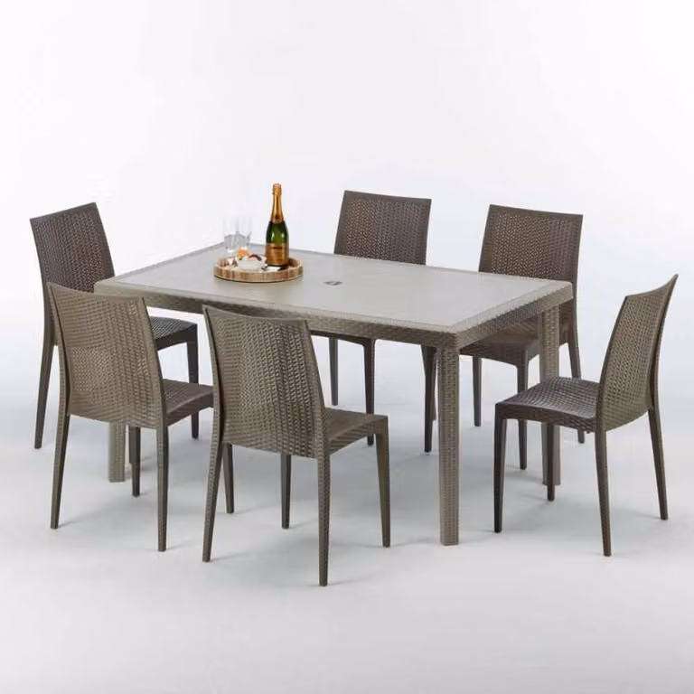 Tavolo rettangolare in polyrattan con 6 sedie colorate 150x90 Beige Marion