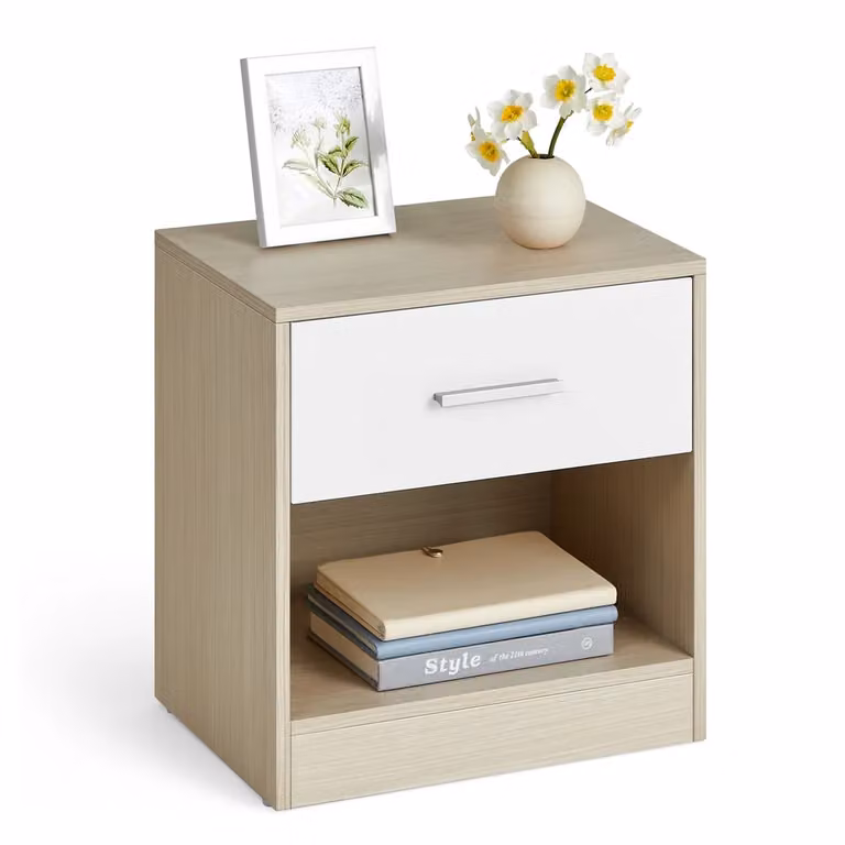 Comodino con Cassetto, Beige Naturale + Bianco / 1