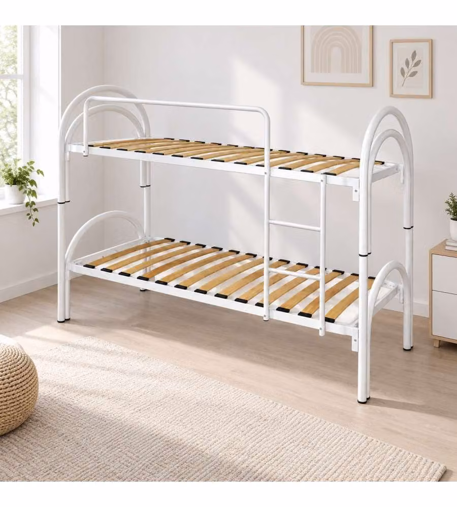 Letto a Castello Bianco con Doppio Arco e Doghe in Legno - 200x80 cm