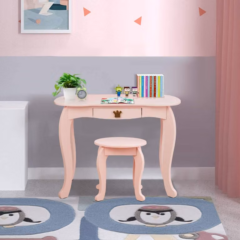 COSTWAY Tavolo da toilette per bambini con sgabello e specchio estraibile, tavolo da toilette per bambine in legno, tavolo per bambini con cassetto, tavolo con specchio 80x42x106cm rosa