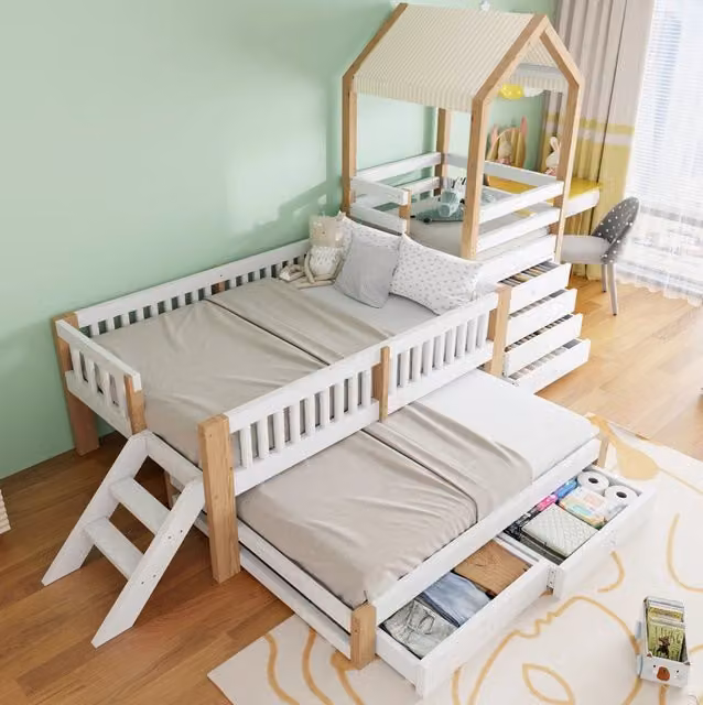 Letto a casetta per bambini con letto estraibile e cassetti