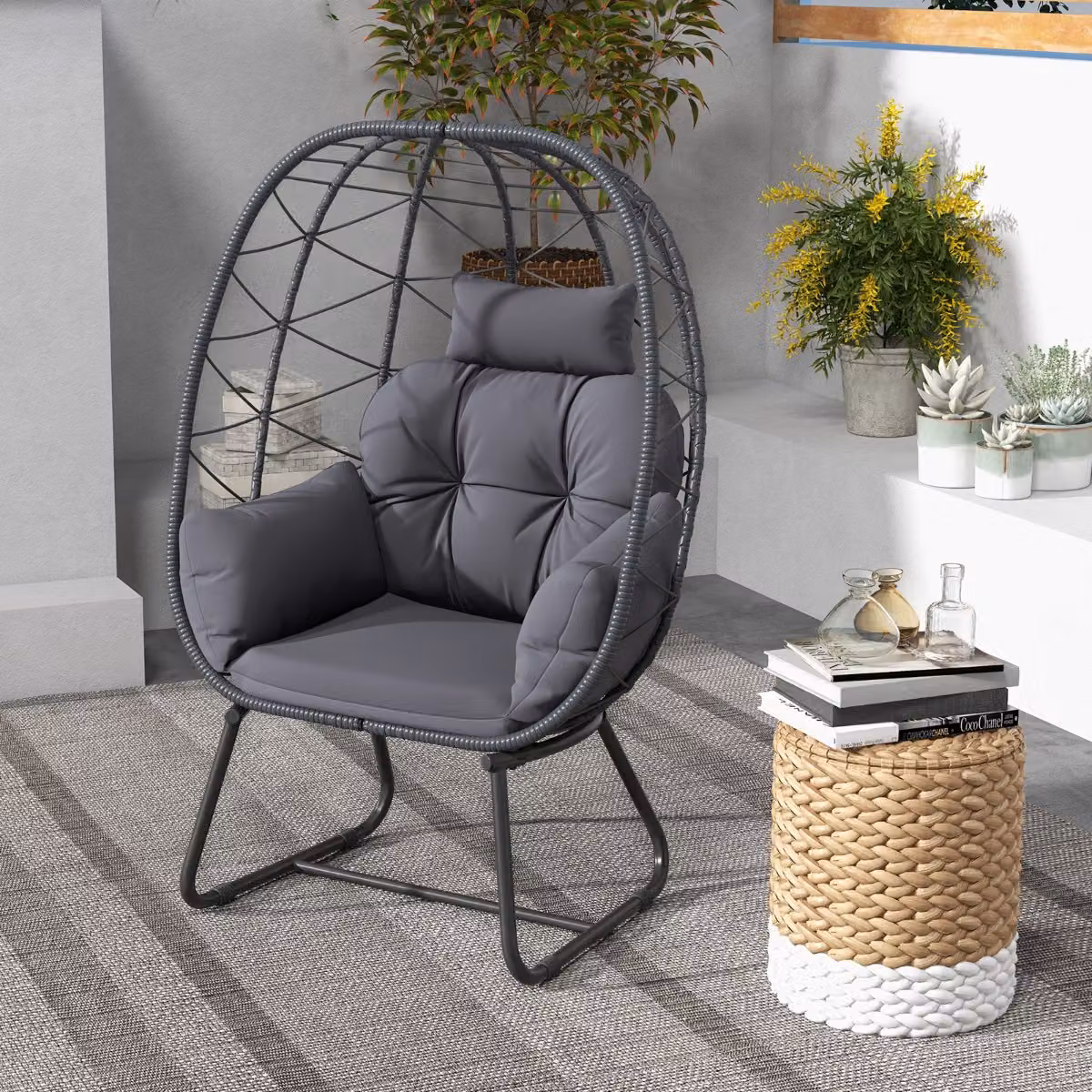 Poltrona sospesa a uovo Costway in rattan e metallo con cuscini rimovibili per giardino e terrazzo, Grigio, L: 100 cm x P: 76 cm x H: 145 cm – 3