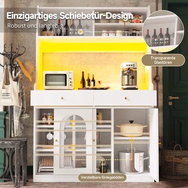 Credenza alta WISHDOR bianca con ante in vetro scorrevoli, illuminazione LED integrata e ripiani interni, L: 120 cm, P: 40 cm, H: 180 cm