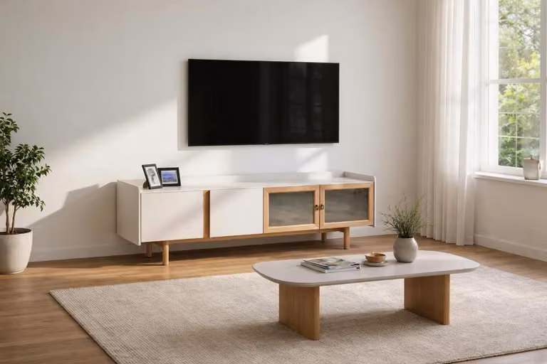 Set da salotto in stile scandinavo moderno: mobile TV basso e tavolino da salotto