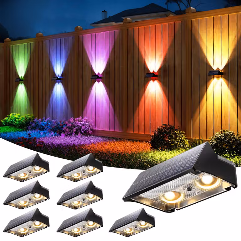 Set di 8 luci solari per recinzioni, RGB, 9 modalità di colore, grado di protezione IP65, colore nero