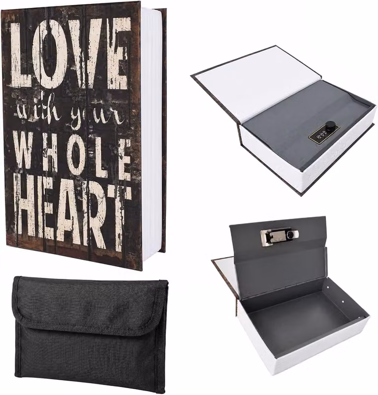 Cassaforte per libri con serratura a combinazione, dimensioni 24 x 15 x 5,5 cm, inclusa una tasca ignifuga, ideale per custodire oggetti di valore