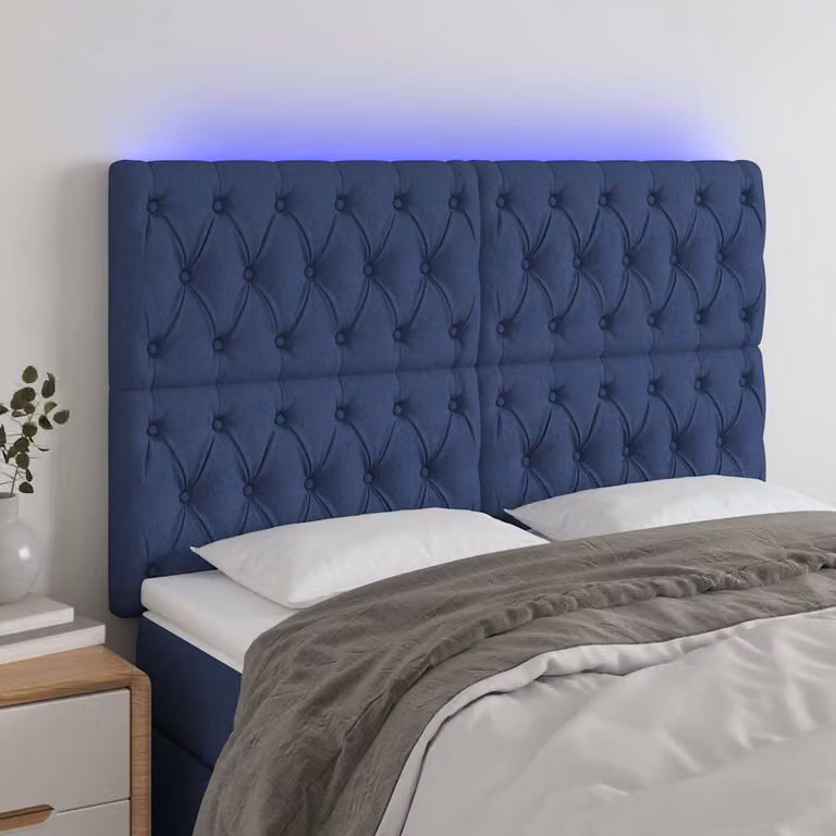 Testiera per letto vidaXL in tessuto blu con illuminazione LED integrata e porta di ricarica USB, L 160 cm, H 118-128 cm, P 7 cm
