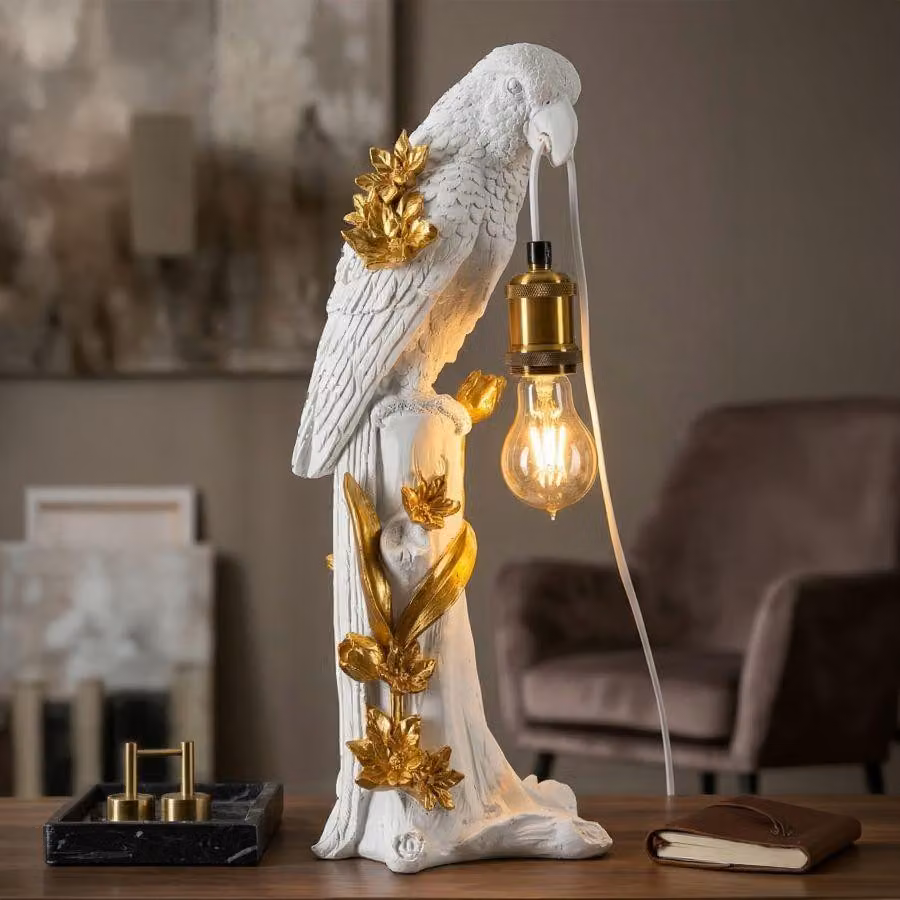 Lampada da tavolo a forma di pappagallo, attacco E27, dimensioni 20x20x50,5 cm, colore bianco e oro
