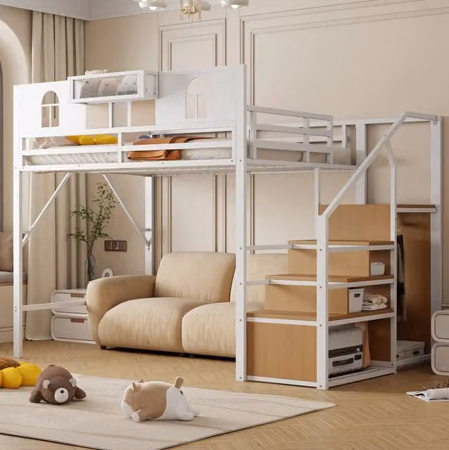 Letto a soppalco in metallo 140 x 200 cm con scala contenitore e ripiano; bianco