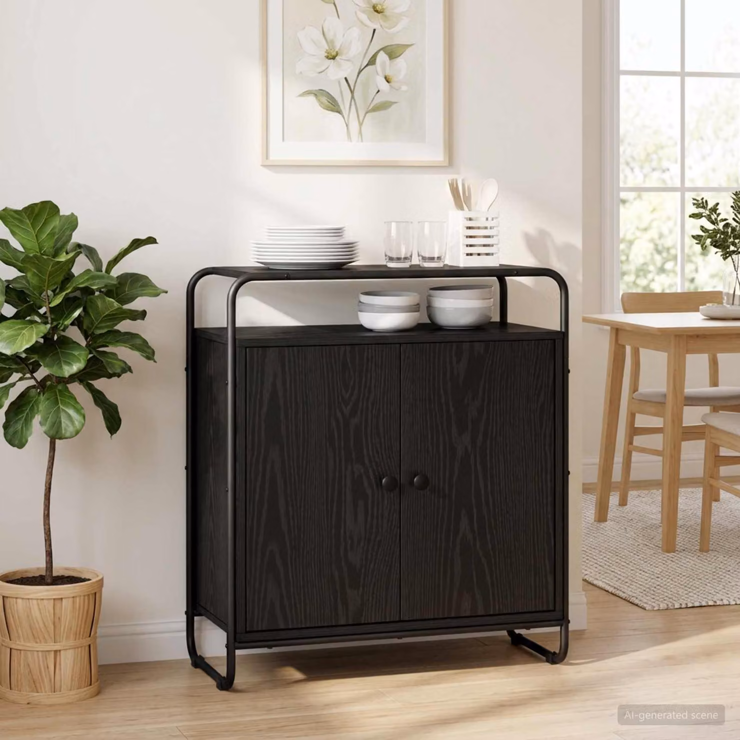 Credenza moderna vidaXL in legno ingegnerizzato e metallo, colore rovere e nero, L: 68 cm, P: 35 cm, H: 75 cm
