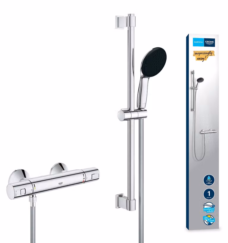 Set doccia con termostato, a risparmio idrico, 8 litri/minuto, 3 tipi di getto, tubo da 1,75 metri, soffione da 60 cm