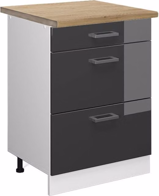 Mobiletto base per cucina R-Line Antracite lucido/Bianco 60 cm con cassetti, PL Rovere Vicco