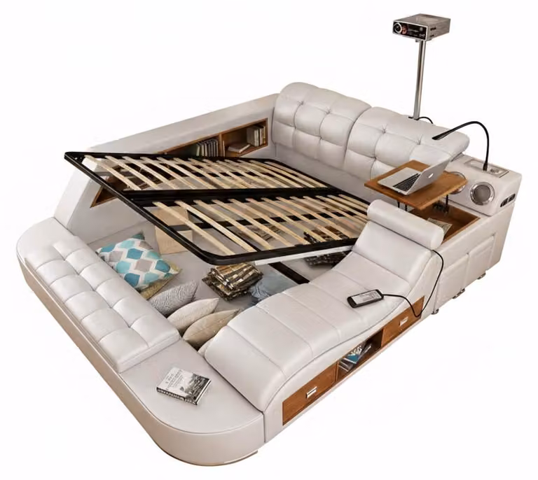 Letto multifunzionale, stile moderno, color beige, struttura in legno, comodo
