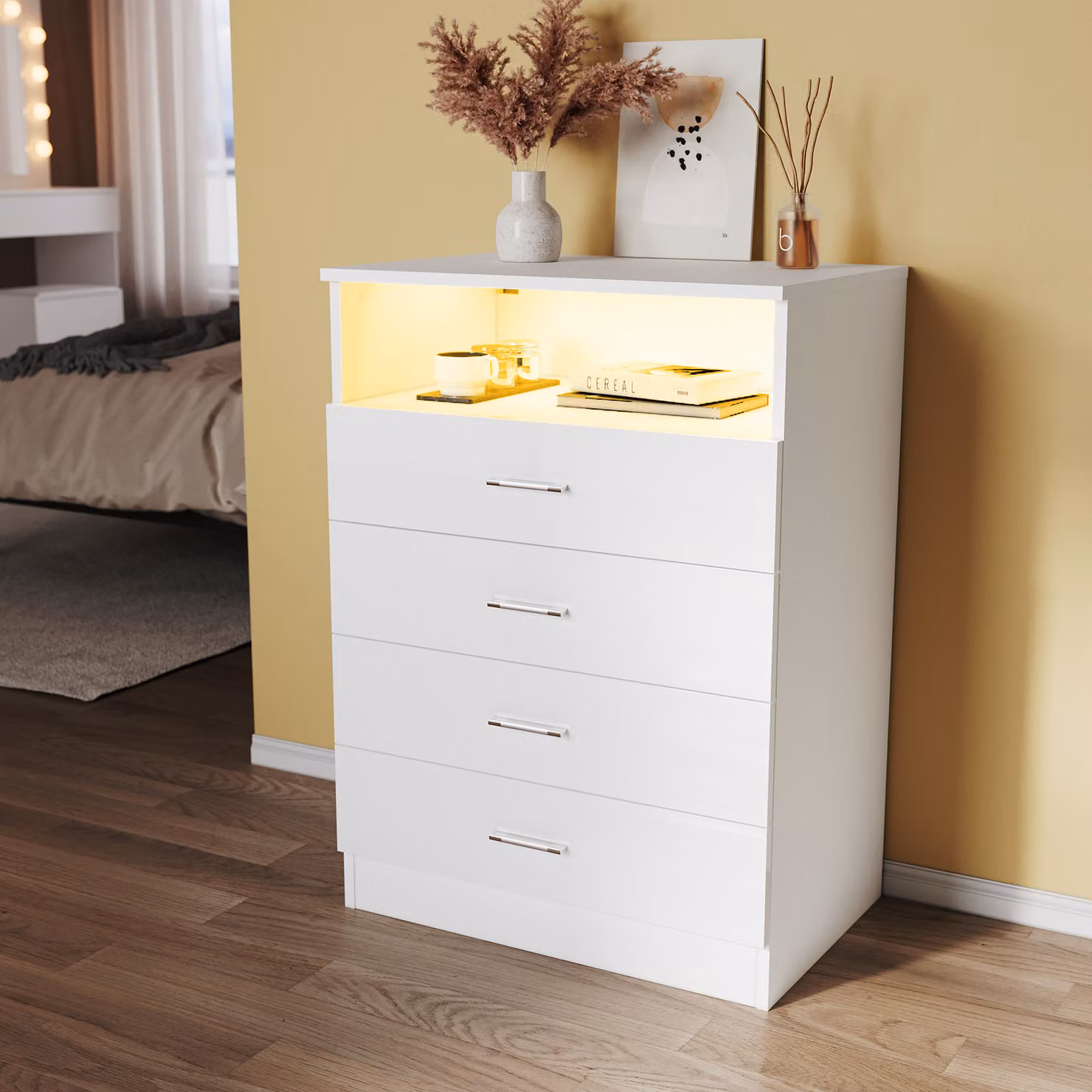 Mobiletto a libera installazione SONNI bianco lucido, con 4 cassetti e divisori a giorno, 60x40x83 cm, con illuminazione LED regolabile, adatto a soggiorno e camera da letto