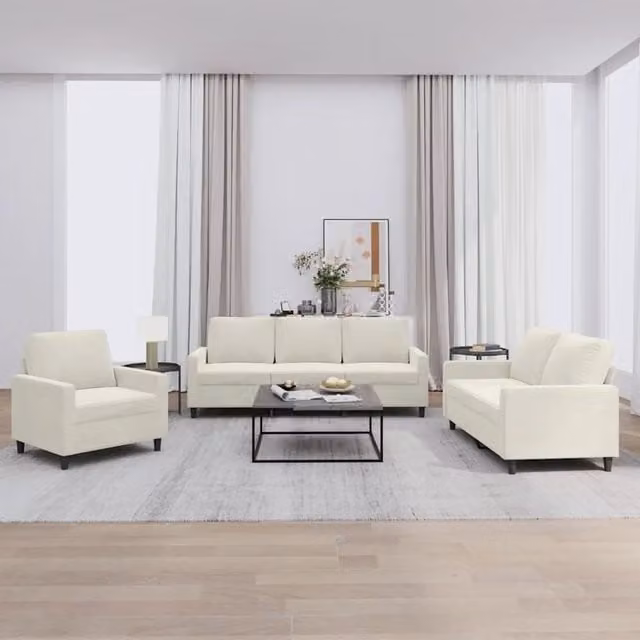 Set di divani 3 pezzi vidaXL in velluto beige con cuscini per soggiorno moderno – 1
