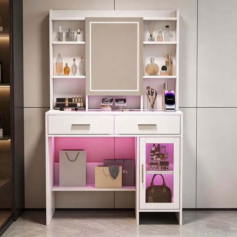 Comò da trucco INONEFT con illuminazione LED, luminosità regolabile, dotato di 2 cassetti e 1 anta, colore bianco
