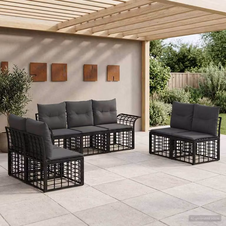 Set di divani da esterno vidaXL a forma di U composto da 7 pezzi, colore nero e grigio, con struttura in acciaio e cuscini in poliestere resistente ai raggi UV