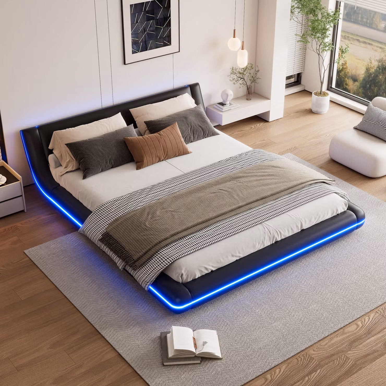 okwish Letto matrimoniale imbottito 160 x 200 cm con illuminazione ambientale a LED, letto basso funzionale (senza materasso) - bianco