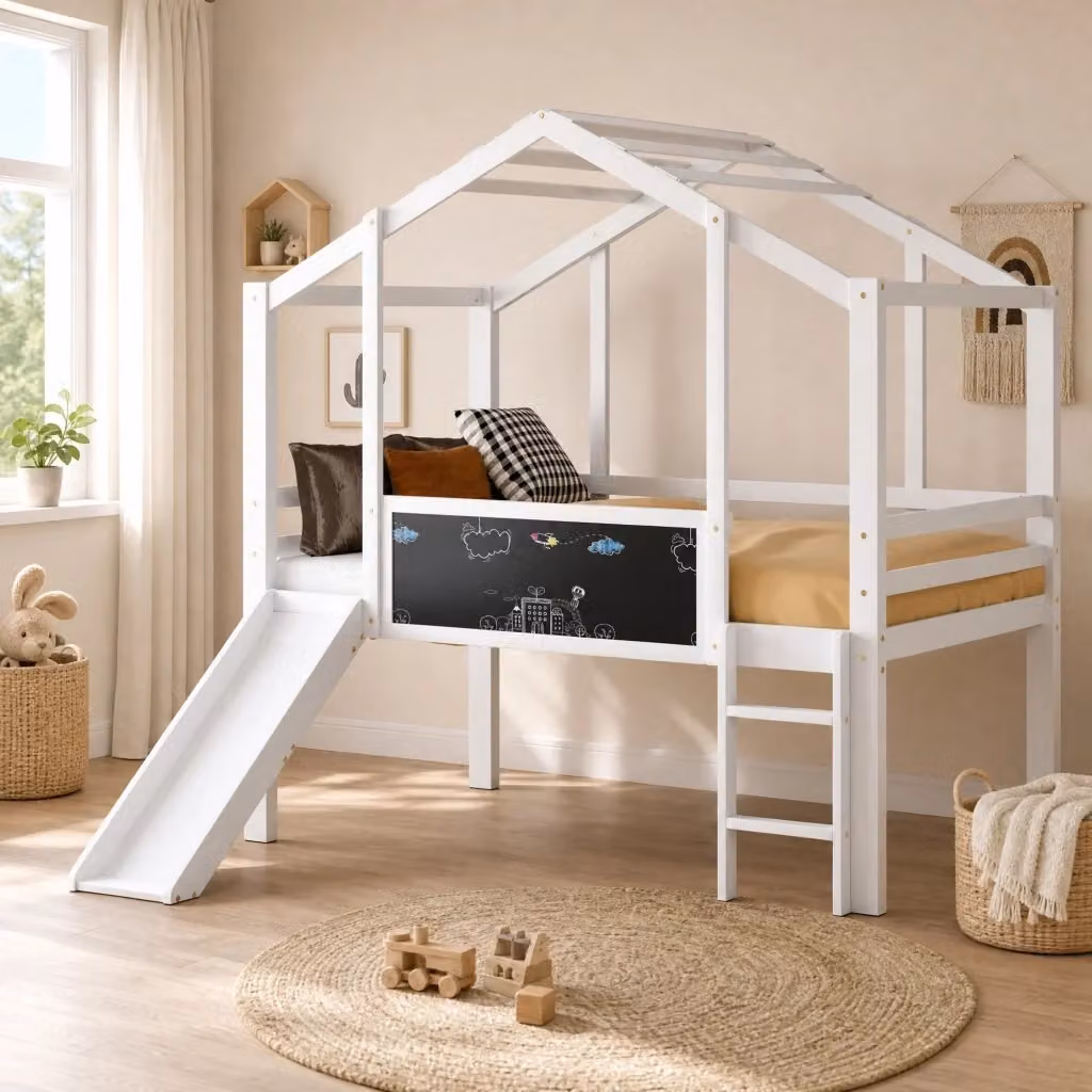 Letto a soppalco Mivray per bambini in legno bianco con struttura a casetta, scivolo, scala, lavagna e protezioni, L/P/H: 204 x 90 x 159 cm – 2