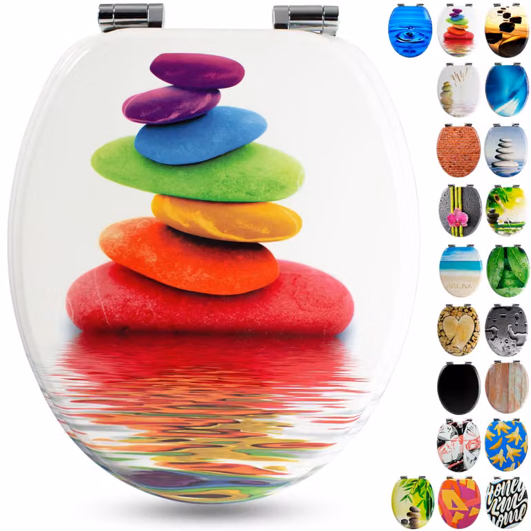 Sedile WC Sanfino® Premium "Rainbow Stone": copriwater di alta qualità in legno con chiusura ammortizzata, facile da montare