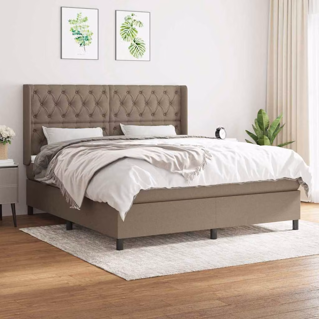 vidaXL Giroletto a Molle con Materasso in Tessuto Beige e Bianco L/P/H: 160 x 200 x 128 cm – 1