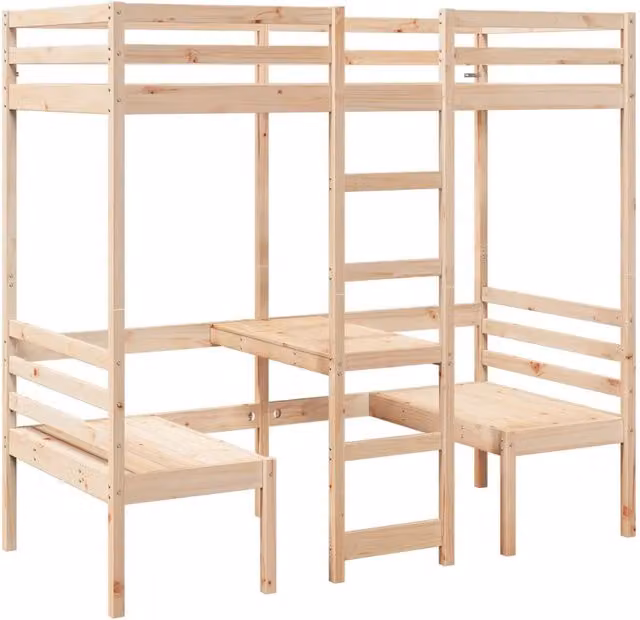Letto singolo | Letto per adulti | Giroletto Soppalco con Scrivania e Sedie 80x200cm Legno Pino