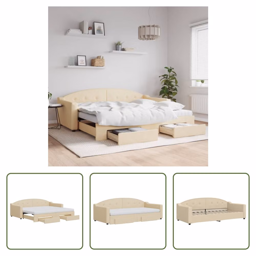 The Living Store letto da giorno allungabile con cassetti crema 90x200 cm in tessuto