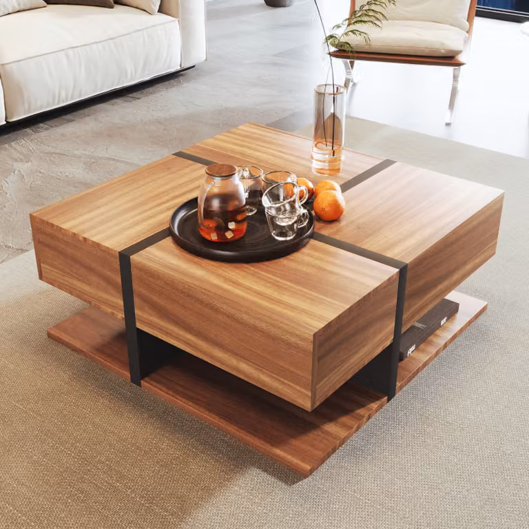 Tavolino Sweiko, tavolino con 4 cassetti, design unico per colori e linee, spazio di archiviazione sottostante. 78x78x36cm
