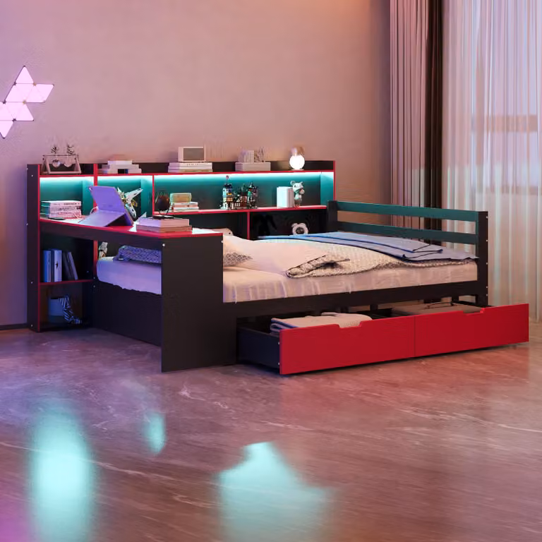 MODFU Letto pieghevole 140x200, letto in legno con illuminazione integrata e prese elettriche, letto singolo con tavolino e cassetti, struttura del letto con vani portaoggetti e ripiani, senza materasso, nero+rosso