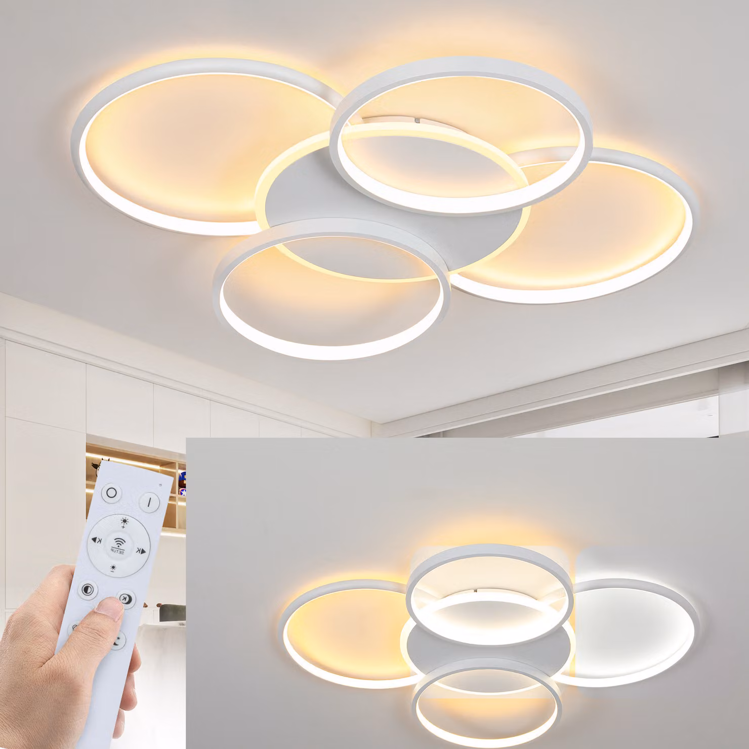 ZMH Lampada da soffitto LED Plafoniera Soggiorno Dimmerabile 70W con telecomando 5 anelli Lampada da camera da letto bianca Illuminazione da soffitto moderna in acrilico per ufficio