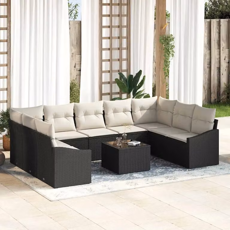 vidaXL Set Divano da Giardino 9 pz in Polyrattan Marrone e Beige con Cuscini e Tavolino