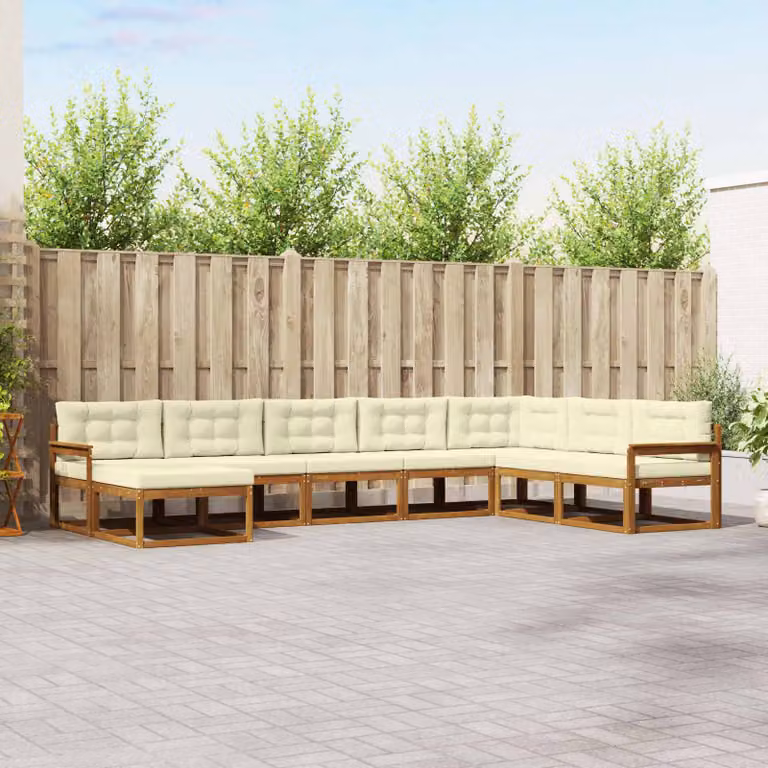 vidaXL Set di divani da esterno a L composto da 8 pezzi in legno di acacia con cuscini, colori beige, bianco e marrone