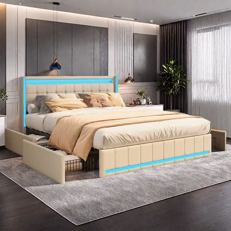 Letto imbottito 140x200 cm con funzione di ricarica USB e testata a LED e 4 cassetti,letto matrimoniale struttura letto contenitore letti giovani,letto con rete a doghe in legno,materiale lino,beige