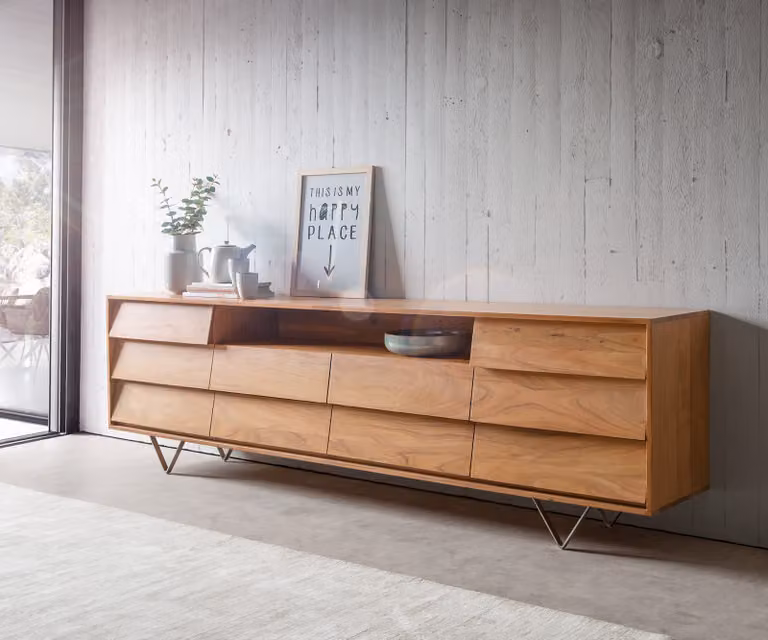 Mobile contenitore DELIFE modello Eloi, dimensioni 240x40 cm, legno di acacia naturale, 2 ante, 6 cassetti, gambe a forma di "V" in acciaio inossidabile