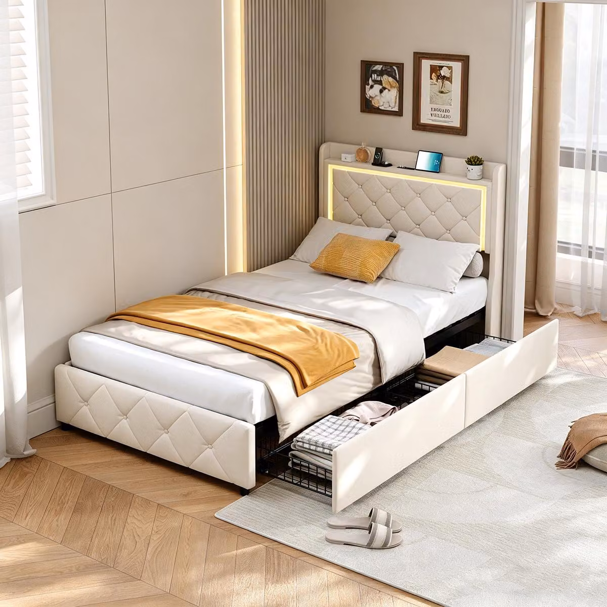 Letto imbottito INONEFT, 90x200 cm, con illuminazione LED e porta USB-C, letto singolo per ragazzi con 2 cassetti, contenitore e testiera, struttura del letto, tessuto velluto, color beige