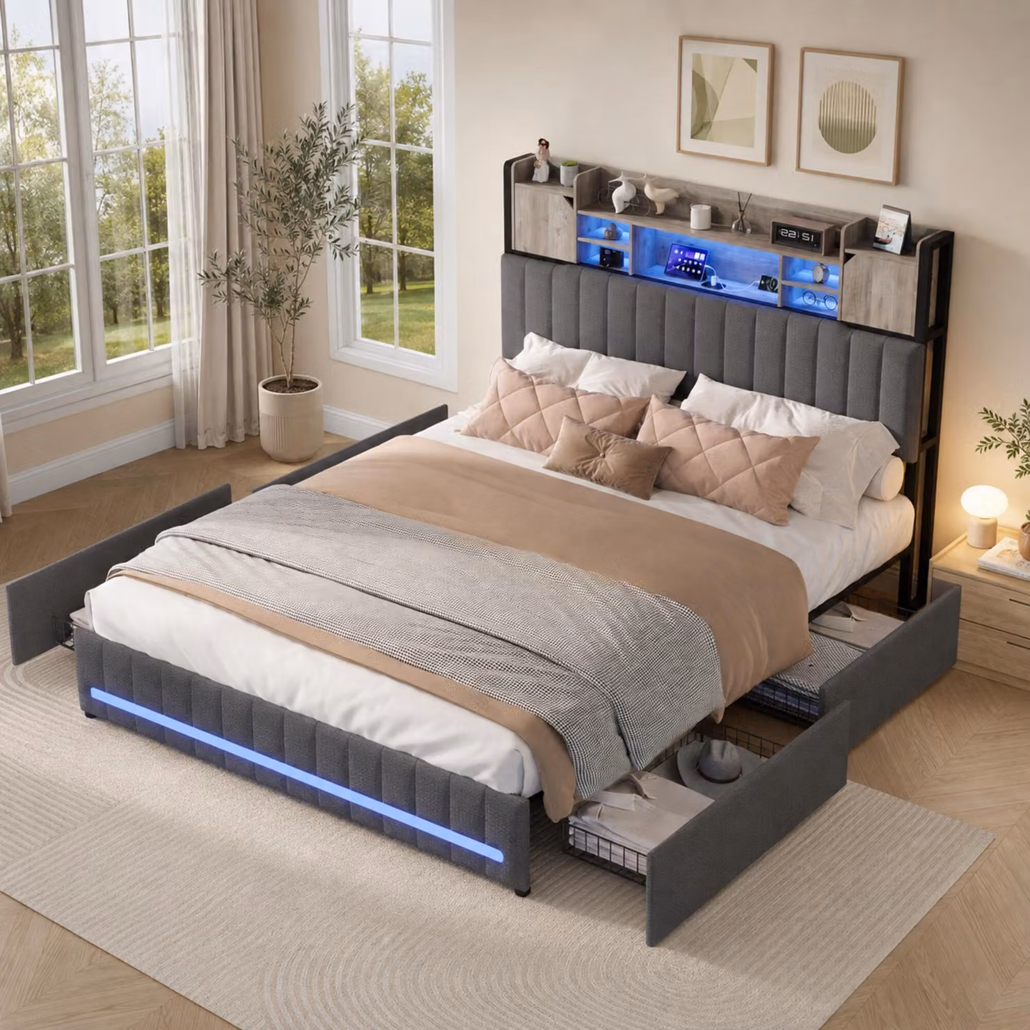 Letto matrimoniale INONEFT 160x200 cm con 4 cassetti, imbottito con illuminazione LED, testiera con spazio contenitivo e porta USB Type-C, struttura del letto con rete a doghe, colore grigio lino